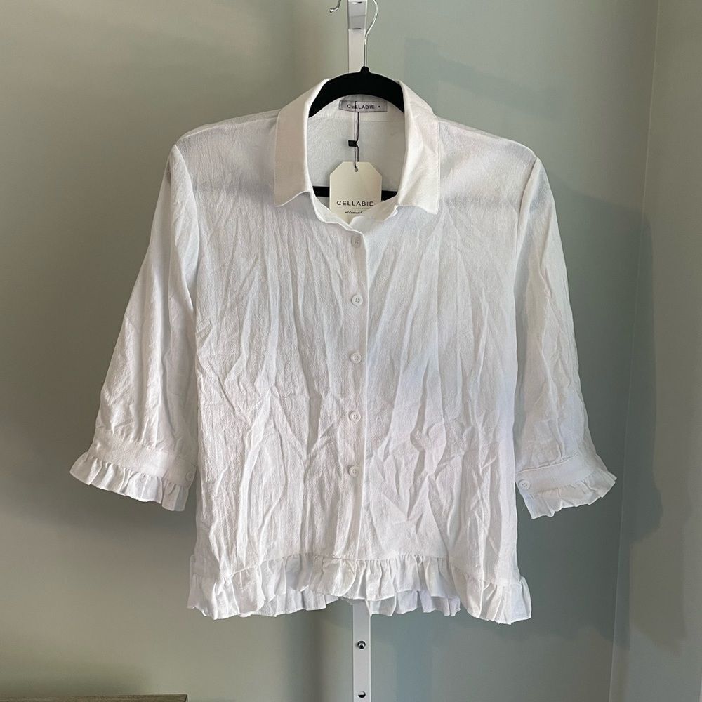 NWT Cellabie White Ruffled Button Down